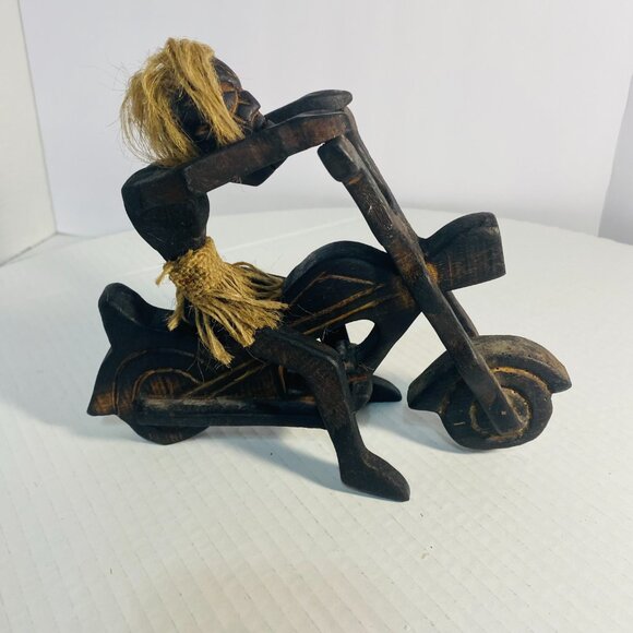 Rare Primitive Java Man on Motorcycle Wooden Carving and Jute Tribal Sculpture - Picture 11 of 17